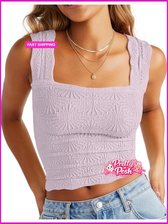 Tops - Polyester Spandex Blend Square Neck Cropped Tank Top Floral Embroidery